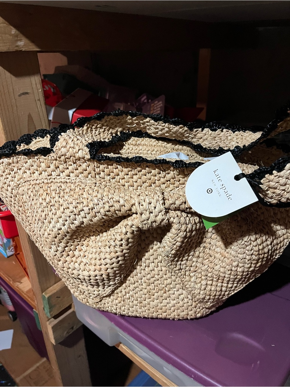 kate spade Natural Straw Tote with Black Trim and Bow Detail